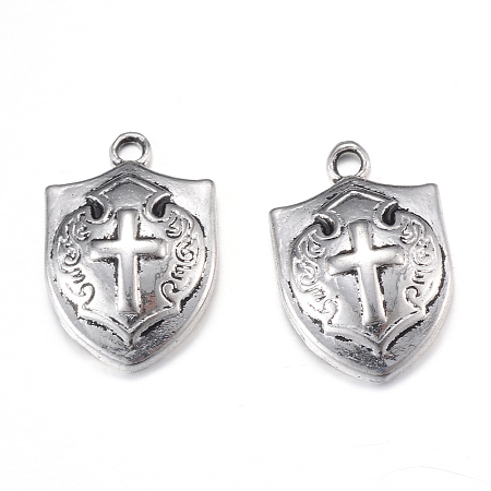 Honeyhandy Tibetan Style Alloy Pendants, Shield with Cross, Cadmium Free & Lead Free, Antique Silver, 21x14x4mm, Hole: 2mm