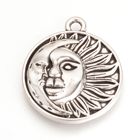 Honeyhandy Tibetan Style Alloy Pendants, Flat Round with Moon and Sun, Cadmium Free & Lead Free, Antique Silver, 29x25x3mm, Hole: 2.5mm