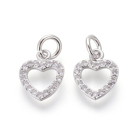 Honeyhandy Brass Micro Pave Cubic Zirconia Charms, Lead Free & Cadmium Free, Clear, Heart, Platinum, 10.5x9x2mm, Hole: 3mm