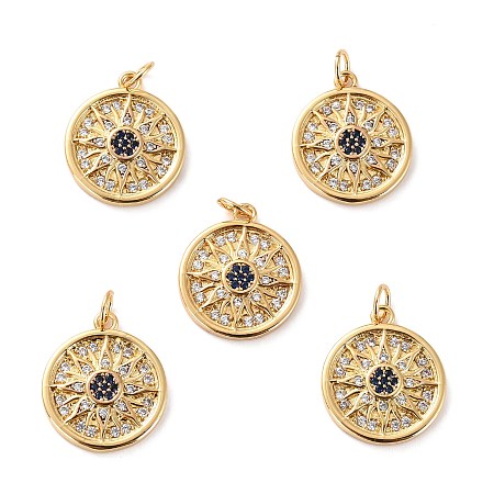 Honeyhandy Brass Micro Pave Cubic Zirconia Pendants, Long-Lasting Plated, Cadmium Free & Lead Free, Flat Round with Sun, Real 18K Gold Plated, 18.5x16x2.5mm, Hole: 3.4mm