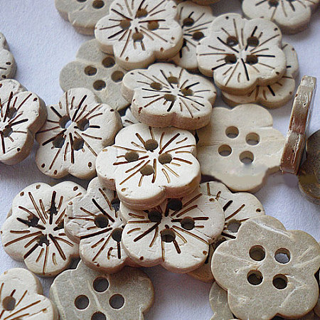 Honeyhandy Carved 4-hole Basic Sewing Button in Flower Shape, Coconut Button, Old Lace, about 18mm in diameter, about 100pcs/bag