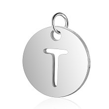 Honeyhandy 304 Stainless Steel Charms, Flat Round with Letter, Stainless Steel Color, Letter.T, 12x1mm, Hole: 2.5mm