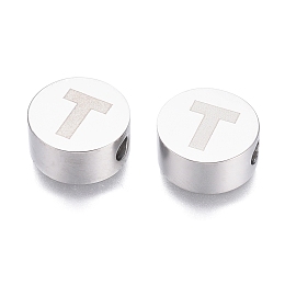 Honeyhandy 304 Stainless Steel Beads, Flat Round with Letter, Letter.T, 10x4.5mm, Hole: 2mm