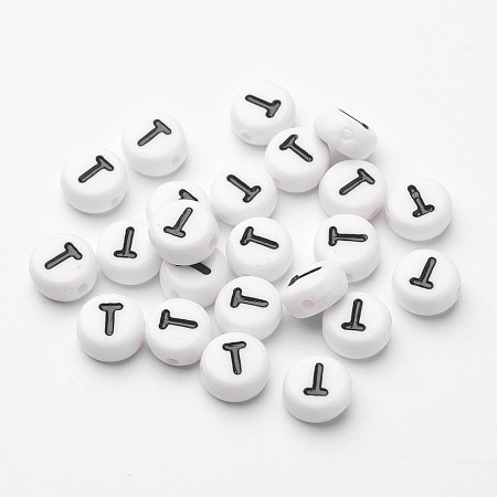 Honeyhandy Flat Round with Letter T Acrylic Beads, with Horizontal Hole, White & Black, Size: about 7mm in diameter, 4mm thick, hole: 1mm