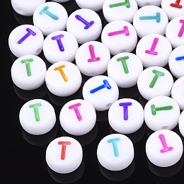 Honeyhandy Initial Acrylic Beads, Horizontal Hole, Flat Round, Mixed Color, Letter.T, 7x3.5~4mm, Hole: 1.2mm, about 370pcs/50g