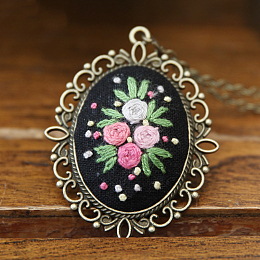 Honeyhandy DIY Embroidery Flower Pendant Necklace Making Kit, Including Alloy Cable Chains & Pendant Cabochon Settings, Needle Pin, Cotton Thread, Plastic Embroidery Hoops, Black, 460mm