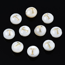 Honeyhandy Natural Freshwater Shell Beads, with Golden Plated Brass Etched Metal Embellishments, Flat Round with Letter, Seashell Color, Letter.T, 6x4mm, Hole: 0.8mm