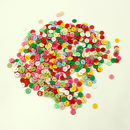 Honeyhandy Candy Colorful Two-hole Buttons, Resin Button, Flat Round, Mixed Color, about 11mm in diameter, hole: 1.5mm