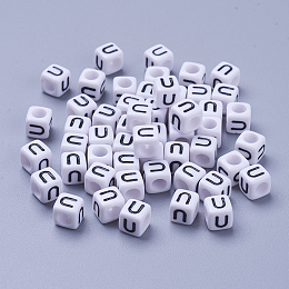 Honeyhandy Acrylic Horizontal Hole Letter Beads, Cube, White, Letter U, Size: about 6mm wide, 6mm long, 6mm high, hole: about 3.2mm, about 2600pcs/500g