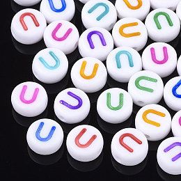 Honeyhandy Initial Acrylic Beads, Horizontal Hole, Flat Round, Mixed Color, Letter.U, 7x3.5~4mm, Hole: 1.2mm