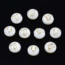 Honeyhandy Natural Freshwater Shell Beads, with Golden Plated Brass Etched Metal Embellishments, Flat Round with Letter, Seashell Color, Letter.U, 6x4mm, Hole: 0.8mm