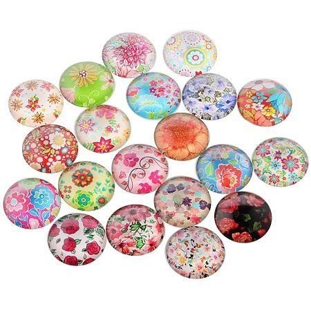 Arricraft 100 Pcs 25mm Printed Glass Cabochons, Flatback Dome Cabochons, Mosaic Tile for Photo Pendant Making Jewelry, Floral
