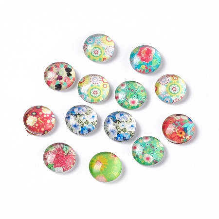 Honeyhandy Half Round/Dome Floral Printed Glass Flatback Cabochons, Mixed Color, 10x4mm
