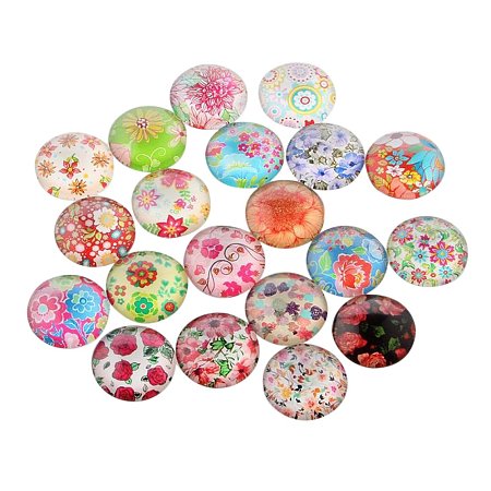 ARRICRAFT 20PCS 12x4mm Mixed Floral Printed Dome Glass Cabochons, Half Round Flatback