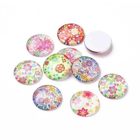 Honeyhandy Half Round/Dome Floral Printed Glass Cabochons, Mixed Color, 25x7mm