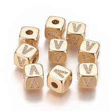 Honeyhandy Brass Micro Pave Cubic Zirconia Beads, Horizontal Hole, Real 18K Gold Plated, Long-Lasting Plated, Cube with Letter, Clear, Letter.V, 9x9x9mm, Hole: 3.5mm