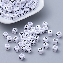 Honeyhandy Acrylic Horizontal Hole Letter Beads, Cube, White, Letter V, Size: about 6mm wide, 6mm long, 6mm high, hole: about 3.2mm, about 2600pcs/500g