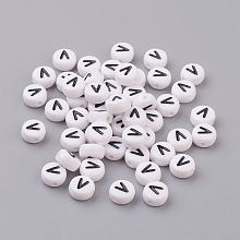 Honeyhandy Flat Round with Letter V Acrylic Beads, with Horizontal Hole, White & Black, Size: about 7mm in diameter, 4mm thick, hole: 1mm