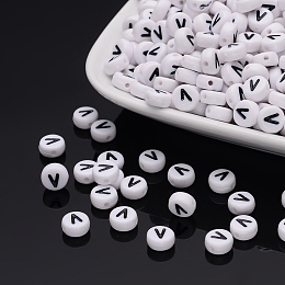 Honeyhandy Acrylic Beads, with Horizontal Hole, Letter, Flat Round, Letter.V, 7x4mm, Hole: 1mm, about 3500pcs/500g