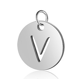 Honeyhandy 304 Stainless Steel Charms, Flat Round with Letter, Stainless Steel Color, Letter.V, 12x1mm, Hole: 2.5mm