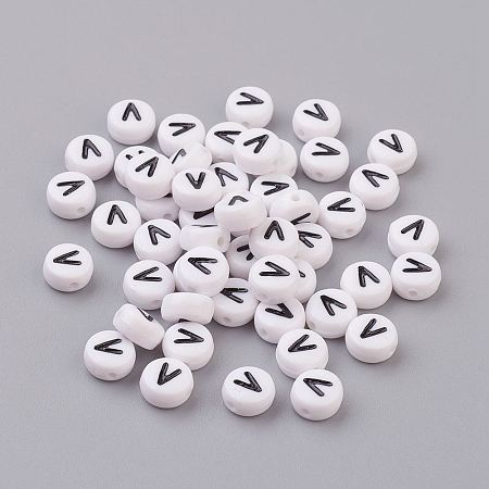 Honeyhandy Flat Round with Letter V Acrylic Beads, with Horizontal Hole, White & Black, Size: about 7mm in diameter, 4mm thick, hole: 1mm