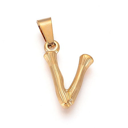 Honeyhandy 304 Stainless Steel Pendants, Bamboo Style, Letter, Golden Color, Letter.V, 19.5x12x3mm, Hole: 3x7mm