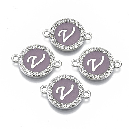 ARRICRAFT Alloy Enamel Links Connectors, with Crystal Rhinestones, Flat Round with Letter, Silver Color Plated, Letter.V, 22x16x2mm, Hole: 1.8mm