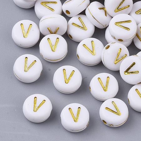 Honeyhandy Plating Acrylic Beads, Golden Metal Enlaced, Horizontal Hole, Flat Round with Alphabet, White, Letter.V, 7x3.5mm, Hole: 1.2mm, about 360pcs/50g
