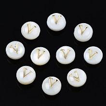 Honeyhandy Natural Freshwater Shell Beads, with Golden Plated Brass Etched Metal Embellishments, Flat Round with Letter, Seashell Color, Letter.V, 6x4mm, Hole: 0.8mm