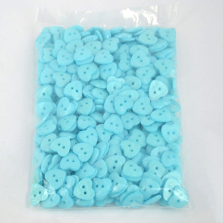 Honeyhandy Lovely Heart Shaped Buttons, ABS Plastic Button, Pale Turquoise, about 14mm in diameter, hole: 1.5mm, about 400pcs/bag