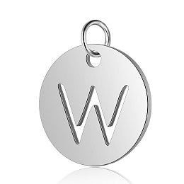 Honeyhandy 304 Stainless Steel Charms, Flat Round with Letter, Stainless Steel Color, Letter.W, 12x1mm, Hole: 2.5mm