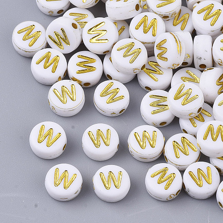 Honeyhandy Plating Acrylic Beads, Golden Metal Enlaced, Horizontal Hole, Flat Round with Alphabet, White, Letter.W, 7x3.5mm, Hole: 1.2mm, about 360pcs/50g
