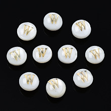 Honeyhandy Natural Freshwater Shell Beads, with Golden Plated Brass Etched Metal Embellishments, Flat Round with Letter, Seashell Color, Letter.W, 6x4mm, Hole: 0.8mm