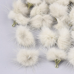 Honeyhandy Faux Mink Fur Tassel Pendant Decorations, with Alloy Findings, Antique Golden, Beige, 20~30x28~30mm, Hole: 1.8mm