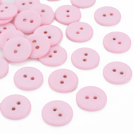 Honeyhandy Two-hole Buttons for DIY Making, Resin Button, Flat Round, Pink, about 15mm in diameter, hole: 2mm, about 400pcs/bag