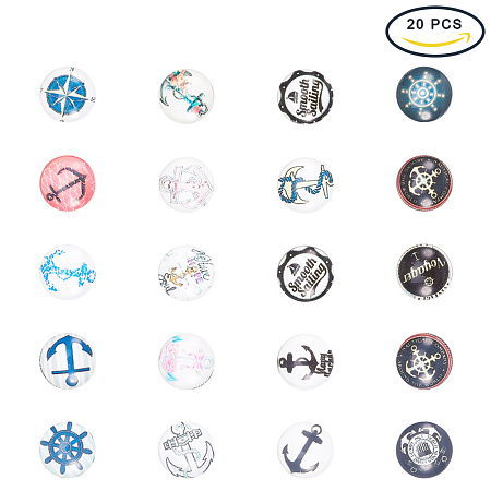PandaHall Elite 20pcs 12mm Helm & Anchor Printed Half Round Dome Glass Cabochons for Jewelry Making