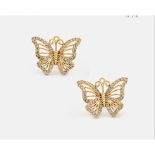 SHEGRACE Brass Stud Earrings, with Ear Nuts and Grade AAA Cubic Zirconia, Butterfly, Real 18K Gold Plated, 15.5x20mm