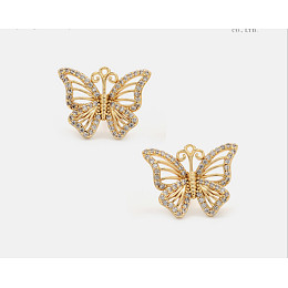 SHEGRACE Brass Stud Earrings, with Ear Nuts and Grade AAA Cubic Zirconia, Butterfly, Real 18K Gold Plated, 15.5x20mm