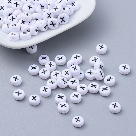 Honeyhandy Flat Round with Letter X Acrylic Beads, with Horizontal Hole, White & Black, Size: about 7mm in diameter, 4mm thick, hole: 1mm