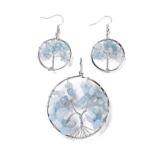 Honeyhandy Brass Jewelry Sets, Big Pendants and Dangle Earrings, with Natural Aquamarine, Platinum, Ring with Tree of Life, 63~67x49~51x1.5~10mm, Hole: 4x5mm, 50~55x28~30x1.5~8mm, Pin: 0.8mm