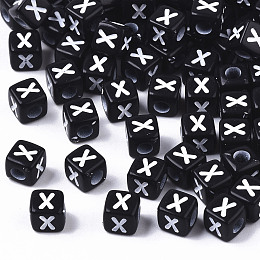 ARRICRAFT Opaque Acrylic Beads, Horizontal Hole, Alphabet Style, Cube, Black & White, Letter.X, 5x5x5mm, Hole: 2mm, about 500pcs/50g