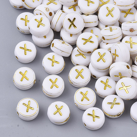 Honeyhandy Plating Acrylic Beads, Golden Metal Enlaced, Horizontal Hole, Flat Round with Alphabet, White, Letter.X, 7x3.5mm, Hole: 1.2mm, about 360pcs/50g