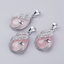 Honeyhandy Natural Rose Quartz Pendants, with Brass Finding, Teardrop with Peacock, Platinum, 33x20x10.5mm, Hole: 5x6.5mm