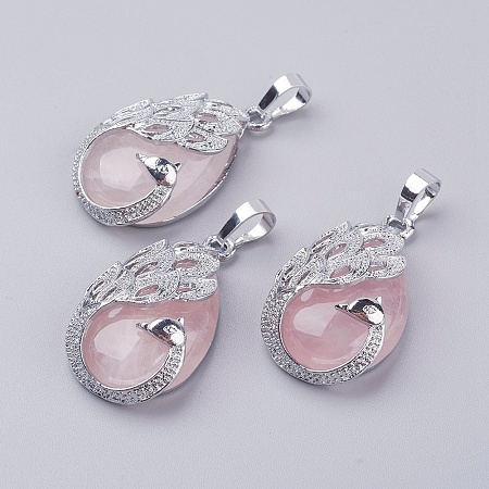 Honeyhandy Natural Rose Quartz Pendants, with Brass Finding, Teardrop with Peacock, Platinum, 33x20x10.5mm, Hole: 5x6.5mm