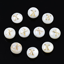 Honeyhandy Natural Freshwater Shell Beads, with Golden Plated Brass Etched Metal Embellishments, Flat Round with Letter, Seashell Color, Letter.X, 6x4mm, Hole: 0.8mm