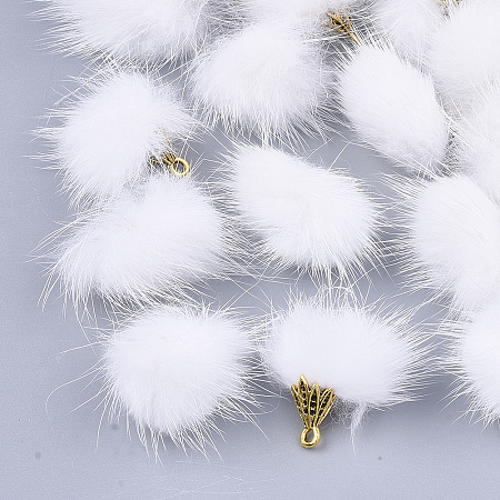 Honeyhandy Faux Mink Fur Tassel Pendant Decorations, with Alloy Findings, Antique Golden, White, 20~30x28~30mm, Hole: 1.8mm