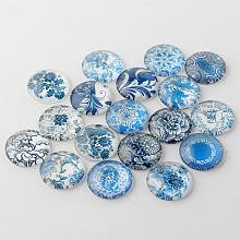 Honeyhandy Blue and White Floral Printed Glass Cabochons, Half Round/Dome, Steel Blue, 30x7mm