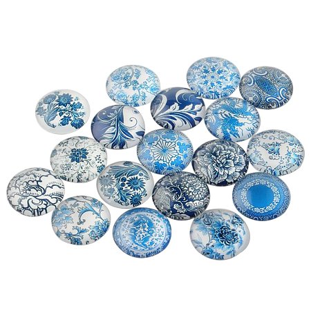 NBEADS 200 Pcs Blue and White Floral Printed Glass Cabochons, Half Round/Dome, Steelblue, 12x4mm