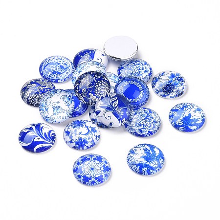 Honeyhandy Blue and White Floral Printed Glass Cabochons, Half Round/Dome, Steel Blue, 20x6mm