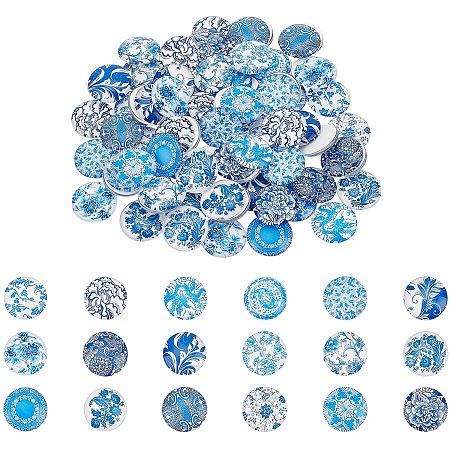 Arricraft 100 Pcs 25mm Printed Glass Cabochons, Flatback Dome Cabochons, Mosaic Tile for Photo Pendant Making Jewelry, Blue and White Porcelain
